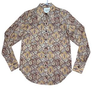 Laurence Bras Wm’s Floral Print Button Down Shirt In Brown/ Mustard Sz 40